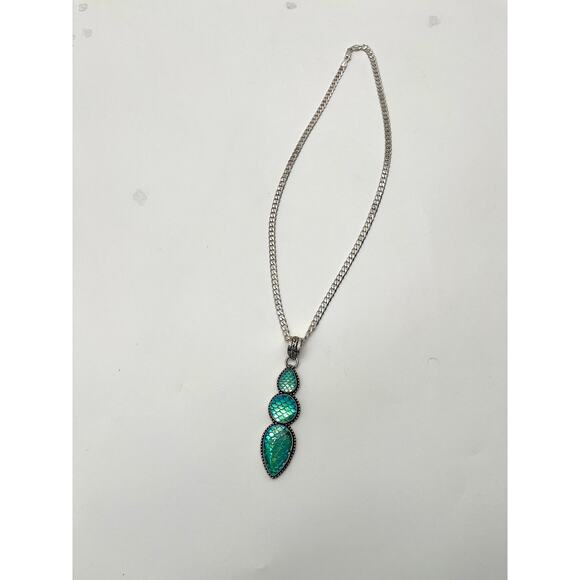 None and/or Unknown Jewelry - 925 Sterling Stamped Mermaid Snake Scales, Iridescent Pendant On 18" Italy 925